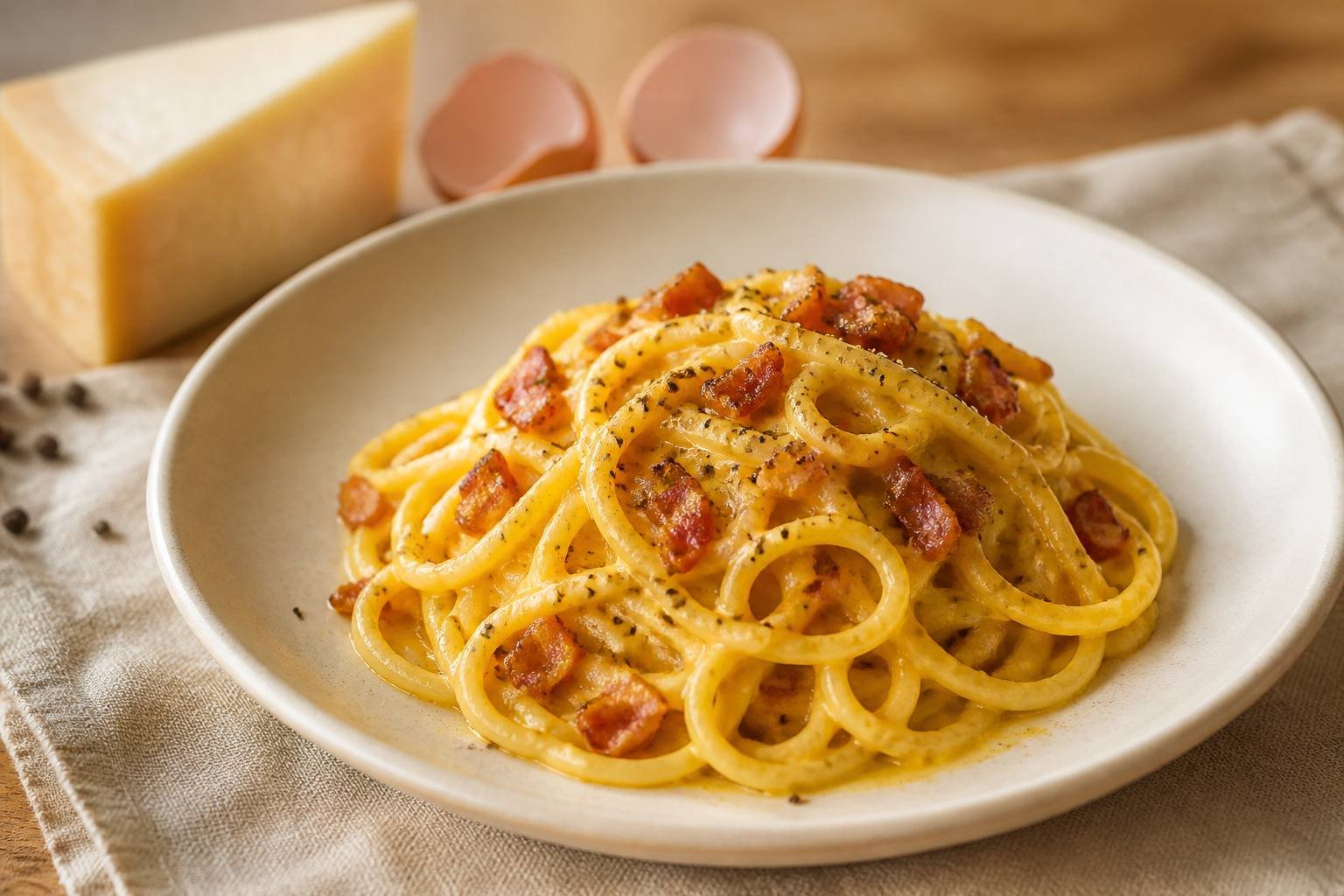 Assiette de spaghetti carbonara sans crème, sauce jaune aux jaunes d’œufs et au pecorino, dés de guanciale dorés, poivre noir