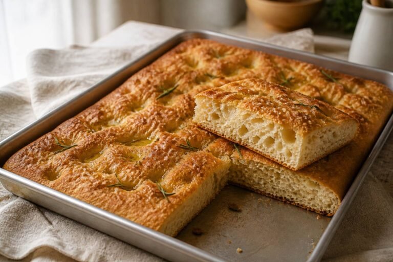 Focaccia maison dorée dans sa plaque, alvéolée de creux huilés, parsemée de romarin frais et de gros sel