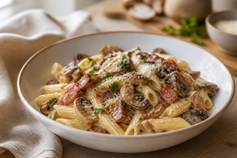 Penne rigate aux champignons et à la pancetta, sauce crémeuse au parmesan et persil dans une assiette creuse