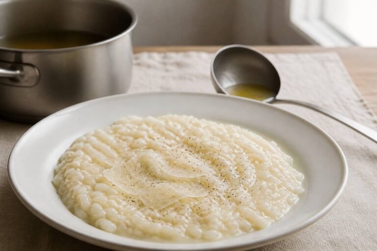 Assiette creuse de risotto crémeux au parmesan qui s’étale en vague, grains de carnaroli nacrés, copeaux de parmesan