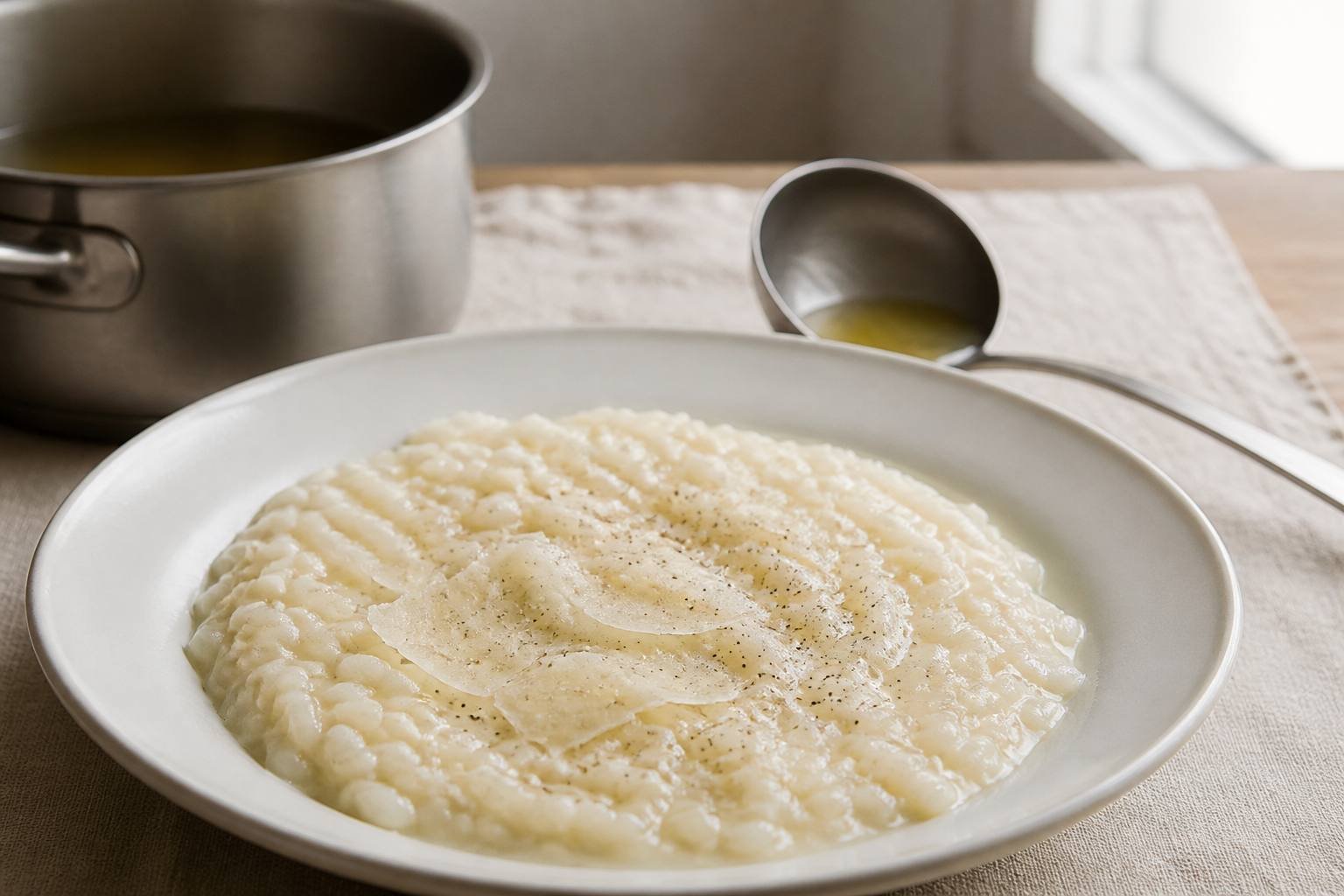 Assiette creuse de risotto crémeux au parmesan qui s’étale en vague, grains de carnaroli nacrés, copeaux de parmesan