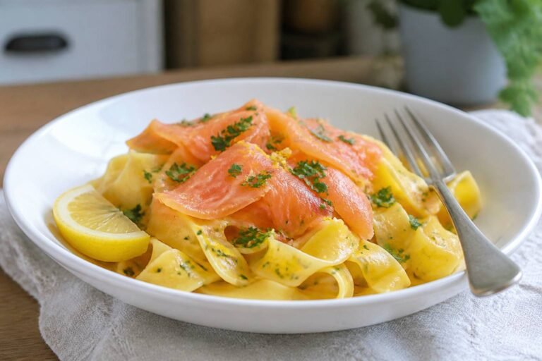 Assiette de tagliatelles au saumon fumé sans crème, lanières de saumon, zeste de citron et persil plat
