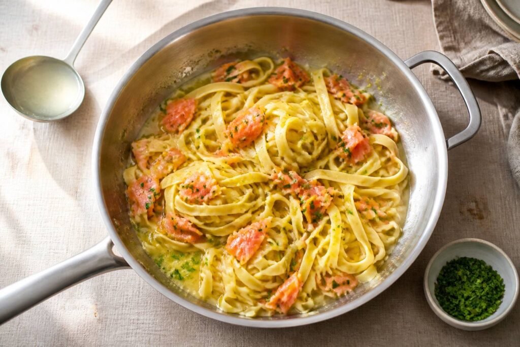 Tagliatelles mélangées au beurre, au citron et au saumon fumé dans une poêle, louche d’eau de cuisson à côté