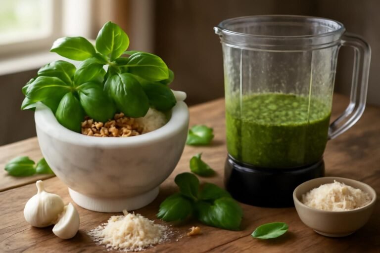 découvrez la recette traditionnelle italienne du pesto, préparée au mortier pour plus de saveurs, ou au mixeur pour plus de rapidité. un incontournable de la cuisine méditerranéenne à savourer chez vous !