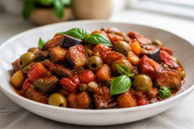 Caponata sicilienne aigre-douce, cubes d’aubergine, céleri, olives vertes et câpres dans une sauce tomate brillante