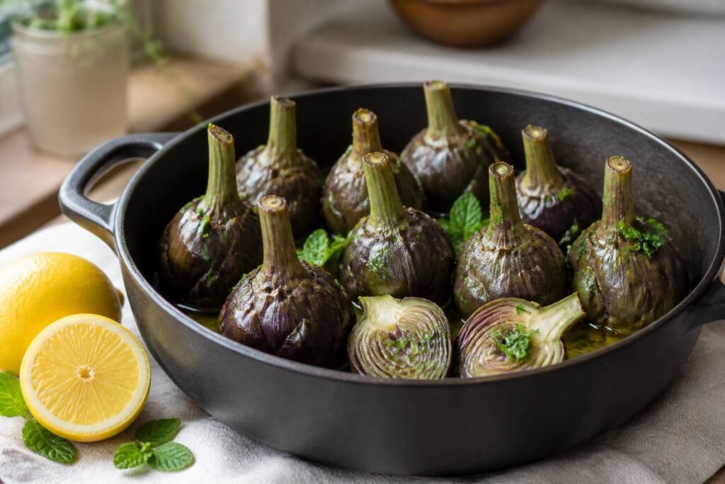 Artichauts à la romaine cuits tête en bas dans une cocotte, tiges vers le haut, huile d’olive, menthe et persil
