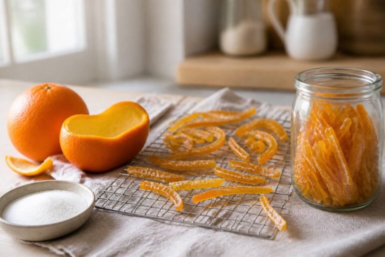 Écorces d’orange confites en lanières brillantes sur une grille, bocal en verre et sucre cristallisé
