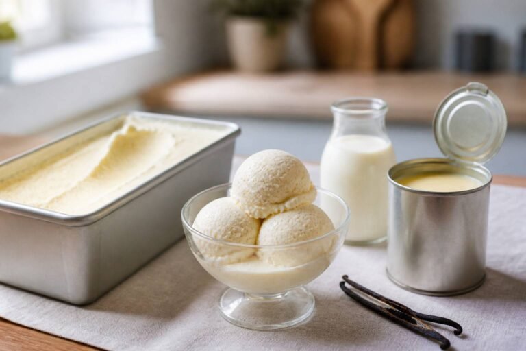 Glace vanille maison sans sorbetière en boules dans un bac, gousse de vanille, crème et boîte de lait concentré