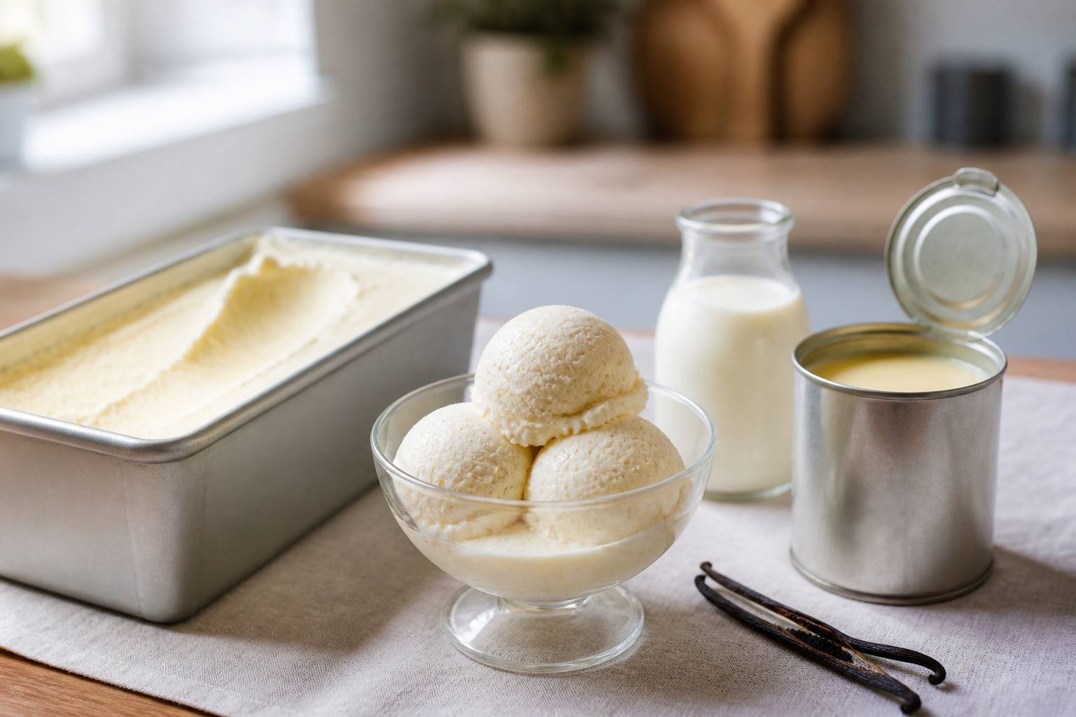 Glace vanille maison sans sorbetière en boules dans un bac, gousse de vanille, crème et boîte de lait concentré
