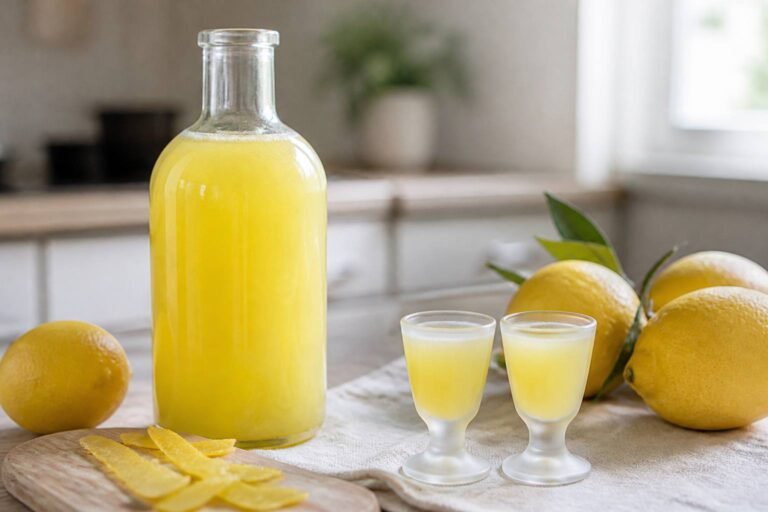 Bouteille de limoncello maison jaune opaque et petits verres givrés, citrons entiers et zestes sur une planche