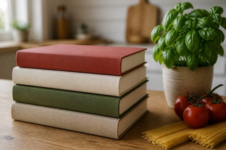 Pile de livres de cuisine fermés sans titres lisibles sur une table, à côté de pâtes sèches, d’un pot de basilic et de tomates