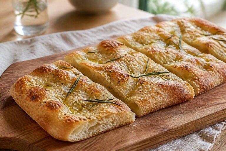 Pizza bianca romaine dorée et alvéolée, huile d’olive, romarin frais et flocons de sel, coupée en parts sur une planche