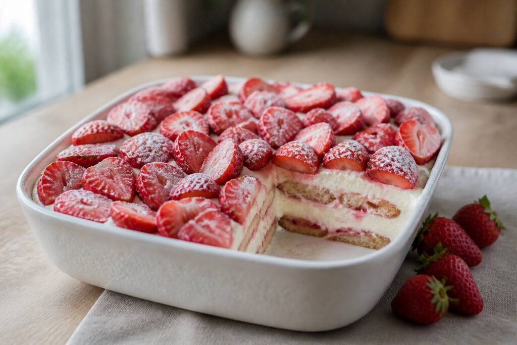 Tiramisu aux fraises en plat, couches de biscuits à la cuillère et crème au mascarpone, fraises gariguettes coupées