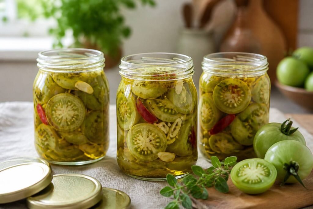 Bocaux de tranches de tomates vertes conservées sous l’huile d’olive avec ail, piment et origan