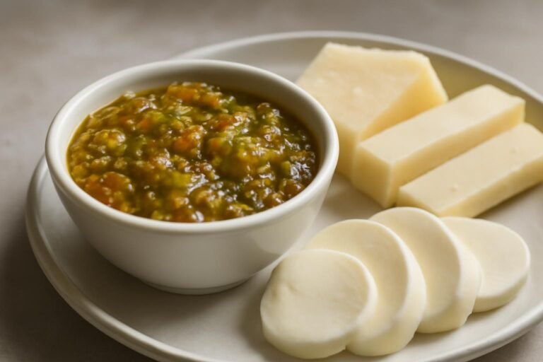 Bol de confiture de tomates vertes servi avec des tranches de fromage à pâte dure et de mozzarella