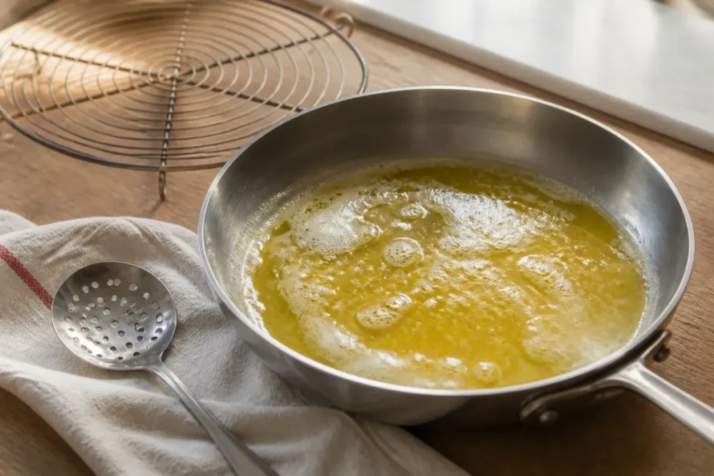 Beurre clarifié fondu dans une poêle, avec une écumoire et une grille d'égouttage à côté.