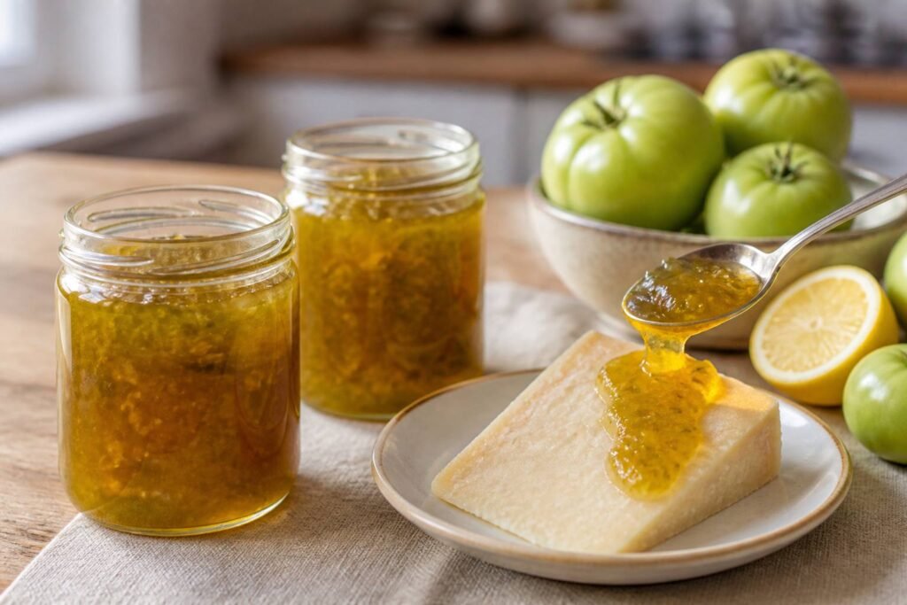 Pots de confiture de tomates vertes, une cuillère qui en nappe une tranche de pecorino affiné