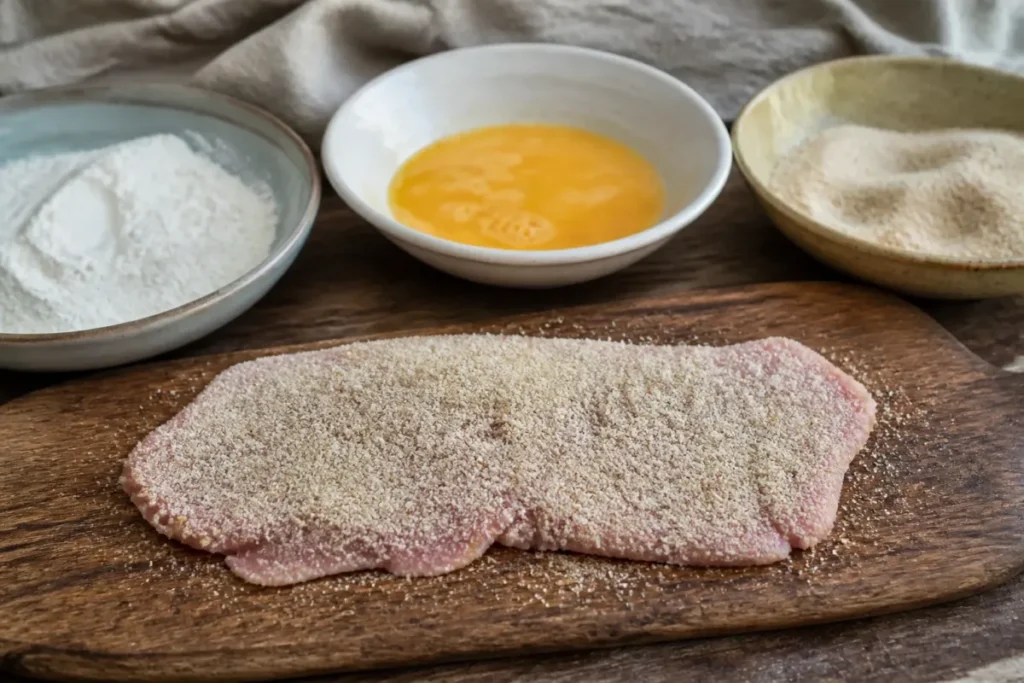 Escalope de veau fine enrobée de chapelure, crue, posée sur une planche avant cuisson.