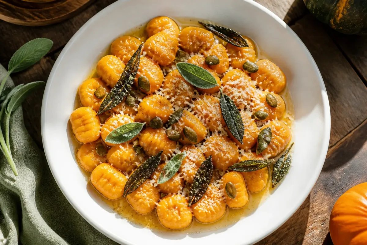 Gnocchis de potiron nappés de beurre à la sauge et de parmesan râpé dans une assiette creuse