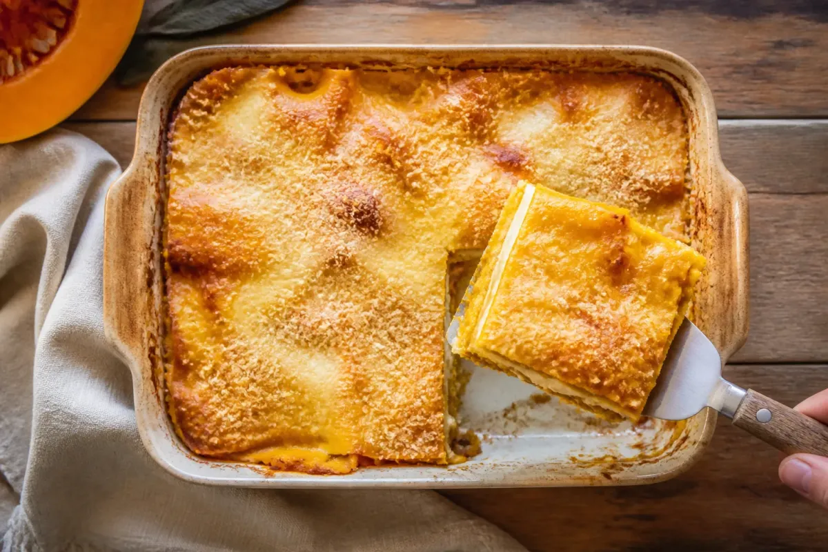 Plat de lasagnes au potiron doré, une part servie sur une assiette claire