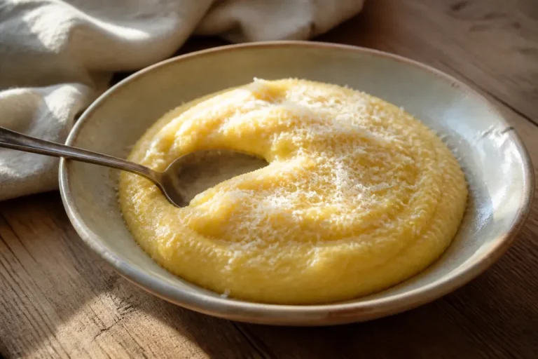Polenta crémeuse servie à la cuillère dans une assiette creuse, texture souple en ruban, parmesan râpé sur le dessus