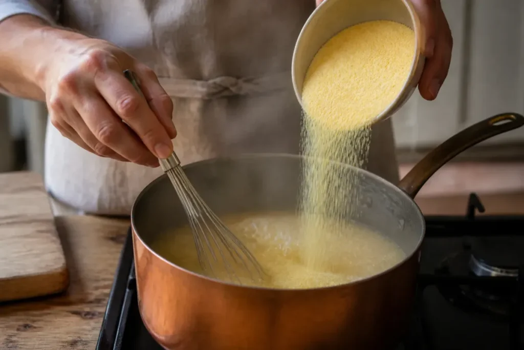 Semoule de maïs versée en pluie fine dans une casserole de liquide bouillant, fouet dans l'autre main