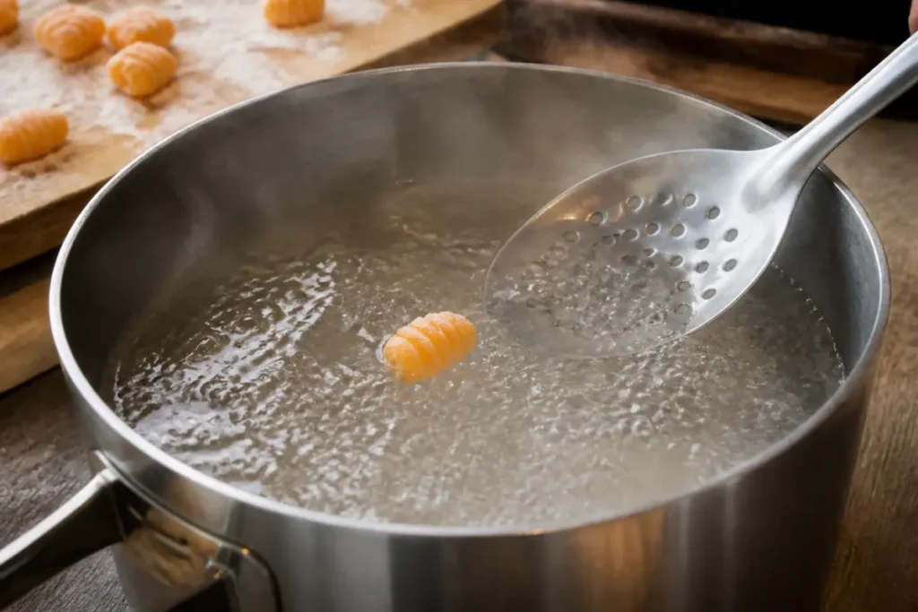 Un gnocchi de potiron témoin qui remonte à la surface d'une casserole d'eau frémissante