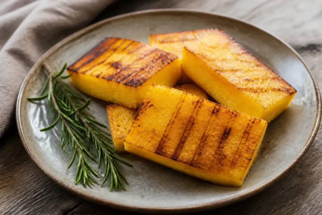 Tranches de polenta refroidie découpées dans un plat rectangulaire et dorées sur un gril, brin de romarin à côté
